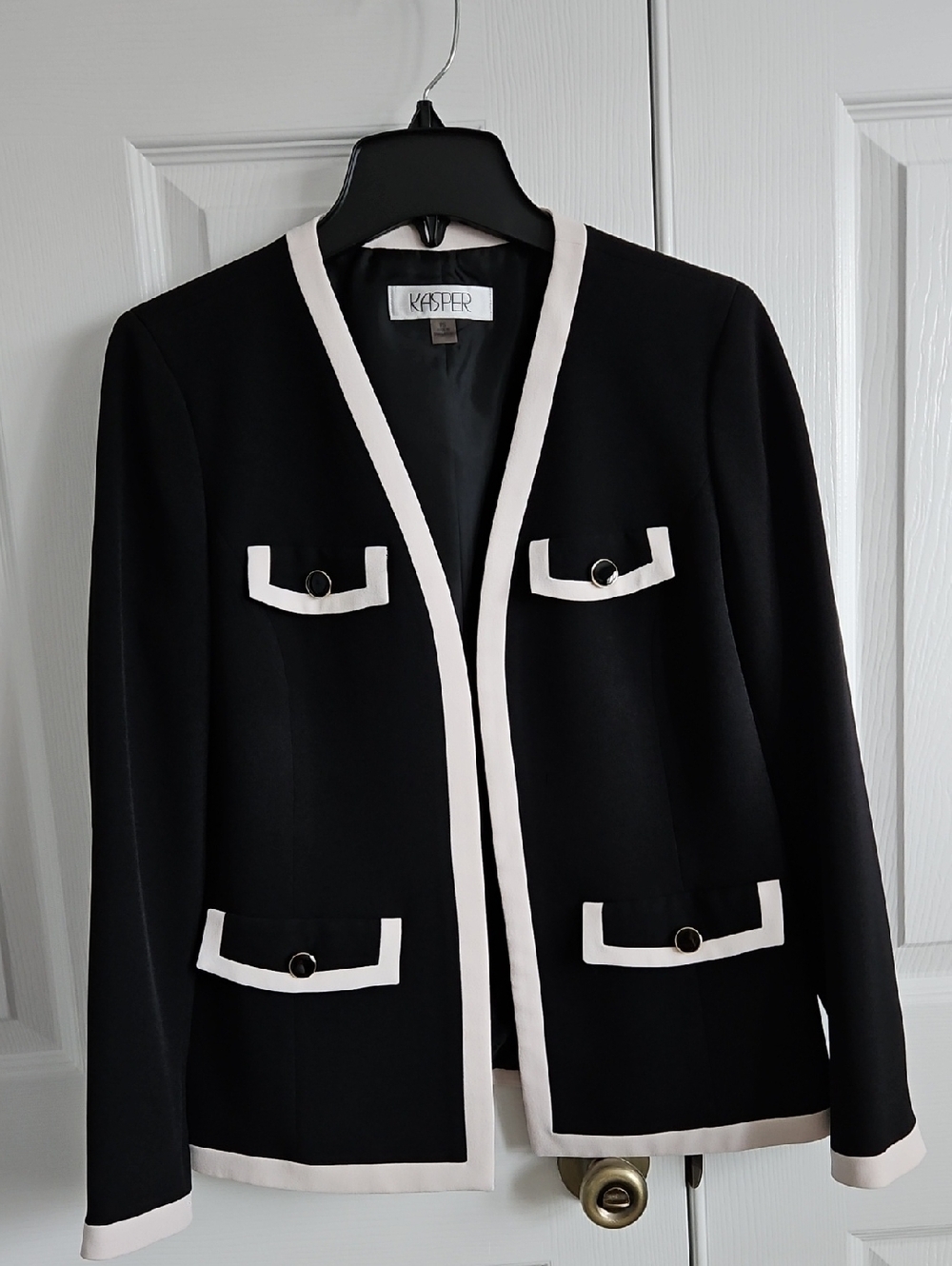 Kasper Petite Small (PS) Womens Black Jacket With Cream Trim